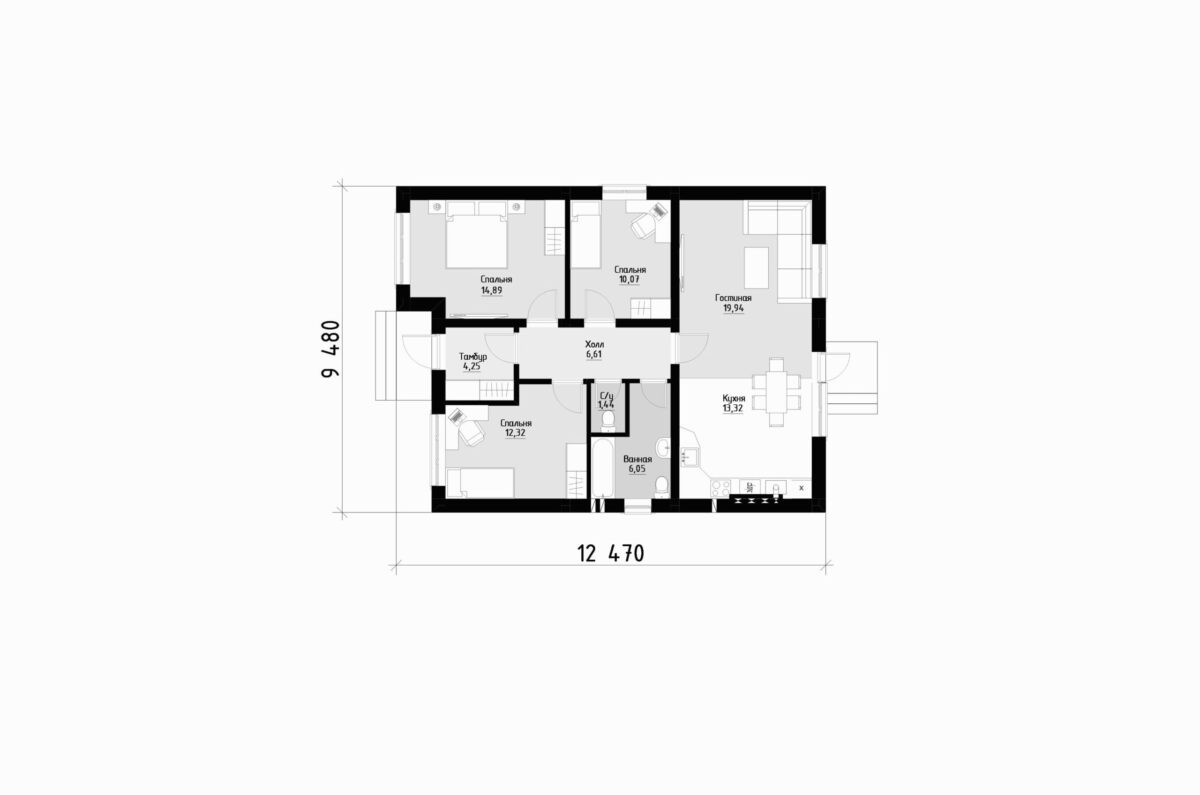 Фото планировка первого этажа проекта одноэтажного дома P343 с общей площадью 90 м2 - от компании СвойДом-КРД