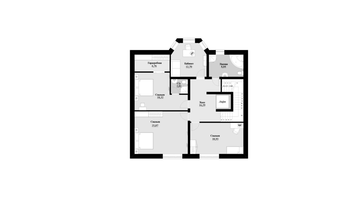 Фото планировка второго этажа проекта трехэтажного дома P273 с общей площадью 121 м2 - от компании СвойДом-КРД