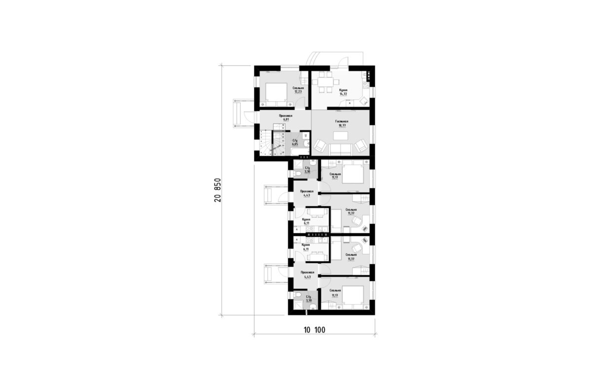 Фото планировка первого этажа проекта двухэтажного дома P219 с общей площадью 180 м2 - от компании СвойДом-КРД