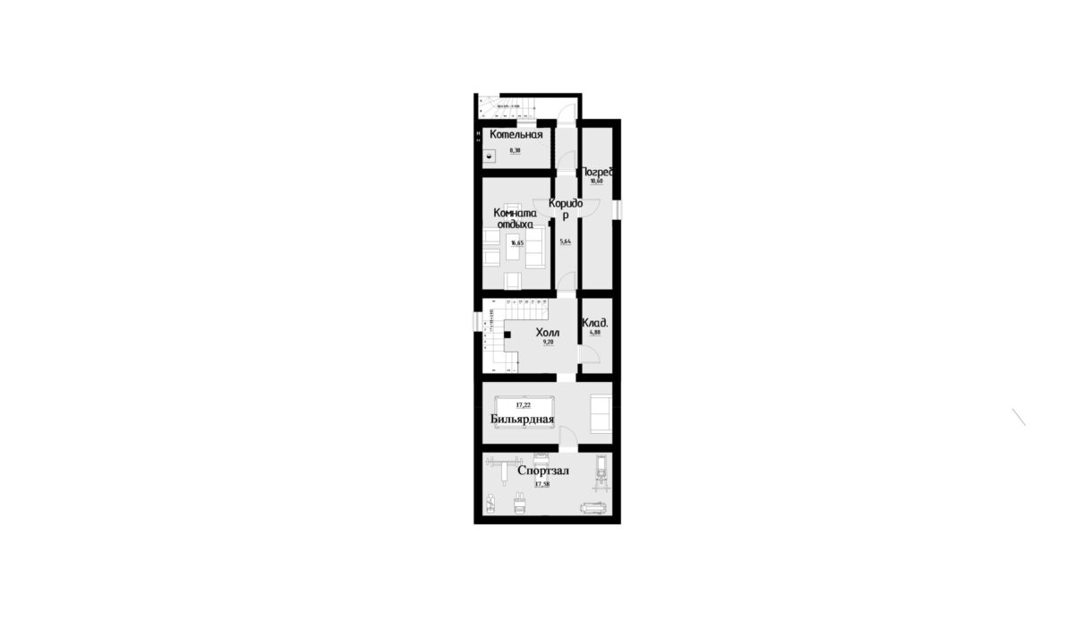 Фото планировка цокольного этажа проекта трехэтажного дома P206-1 с общей площадью 241 м2 - от компании СвойДом-КРД