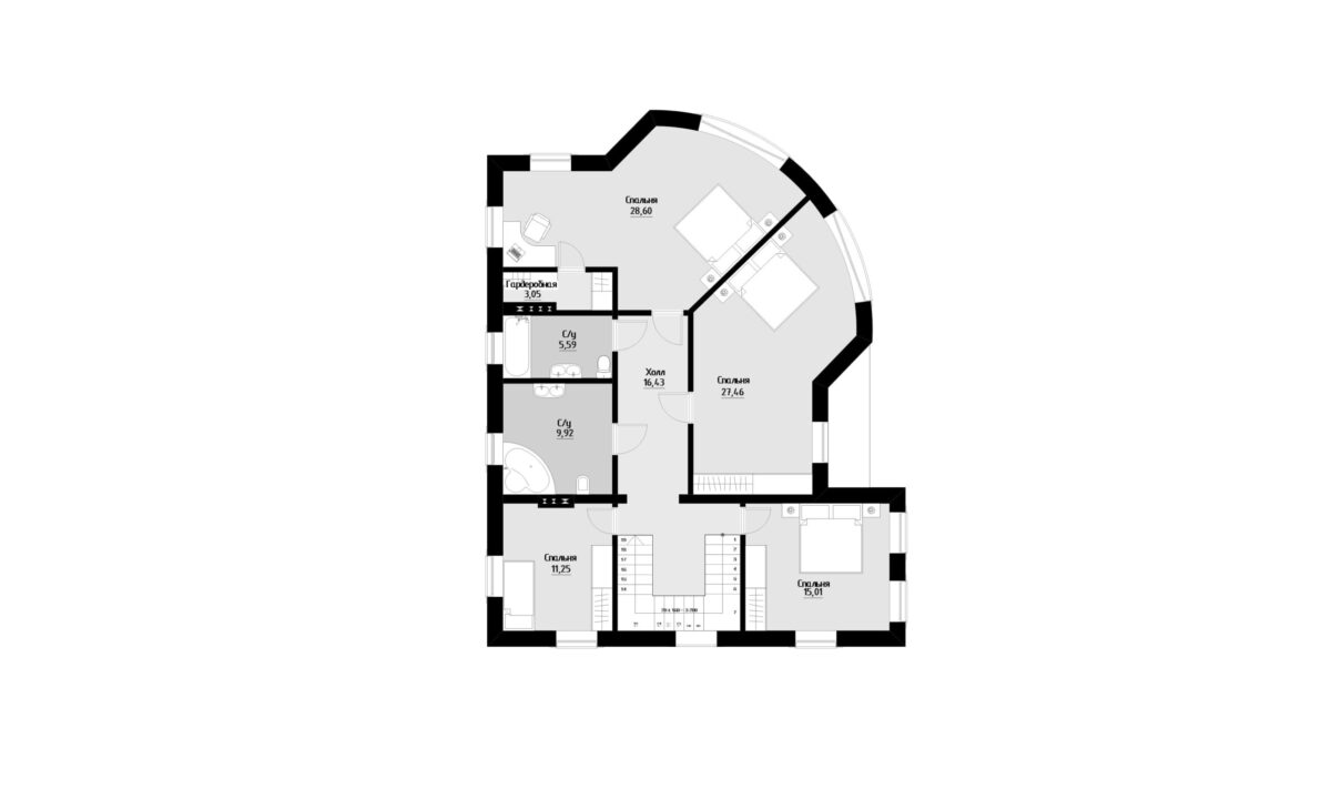Фото планировка второго этажа проекта трехэтажного дома P225 с общей площадью 346 м2 - от компании СвойДом-КРД