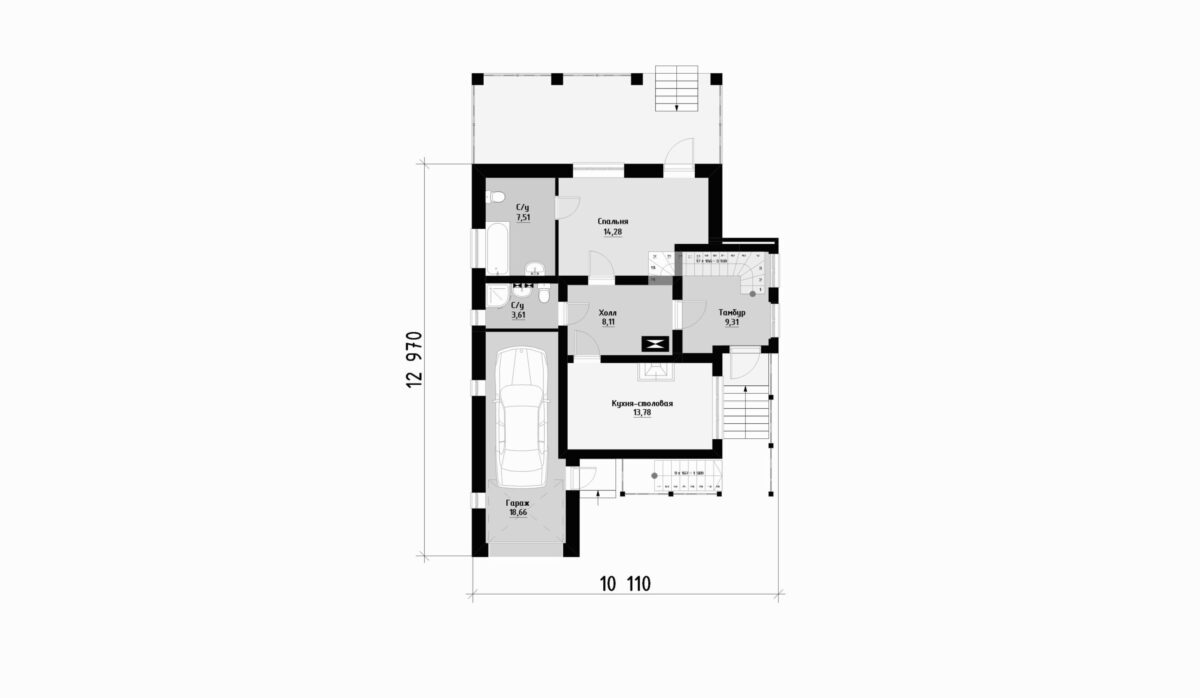 Фото планировка первого этажа проекта двухэтажного дома P357 с общей площадью 142 м2 - от компании СвойДом-КРД