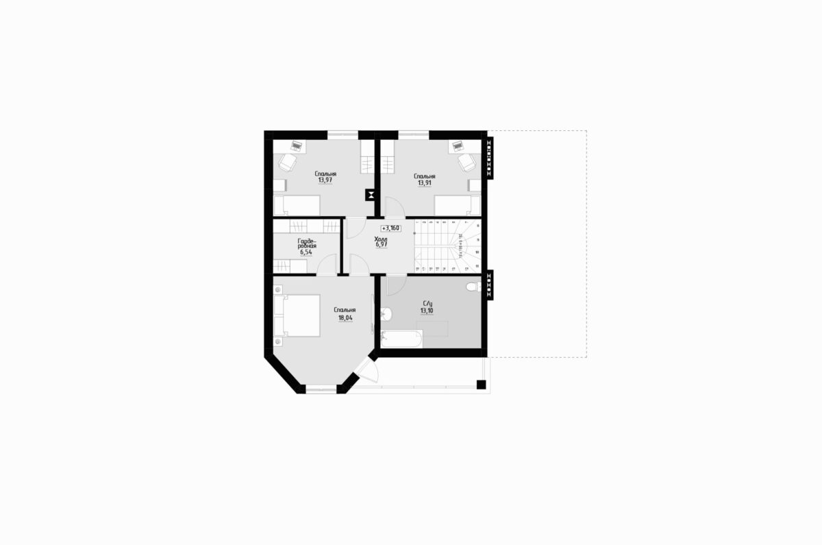 Фото планировка второго этажа проекта двухэтажного дома P335 с общей площадью 179 м2 - от компании СвойДом-КРД